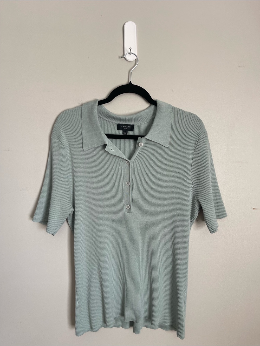 TAHARI Sage Green Ribbed Polo Knit Top Sz L